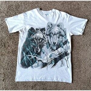 Vintage Harlequin Wolves T-Shirt Men's Size Medium Art Graphic Print Gray Shirt